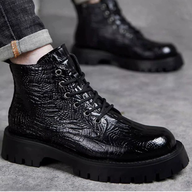 Зимние высокие кожаные ботинки, мужские деловые официальные короткие ботинки из воловьей кожи в британском стиле, модная обувь с большим носком на толстой подошве и крокодиловым узором.