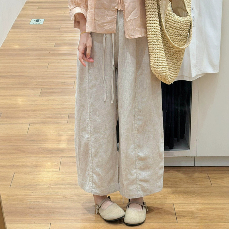 Tencel Linen Wide-Leg Pants for Women, Summer Thin High-Waisted Slimming Relaxed Fit Petite Casual Straight Cropped Pants