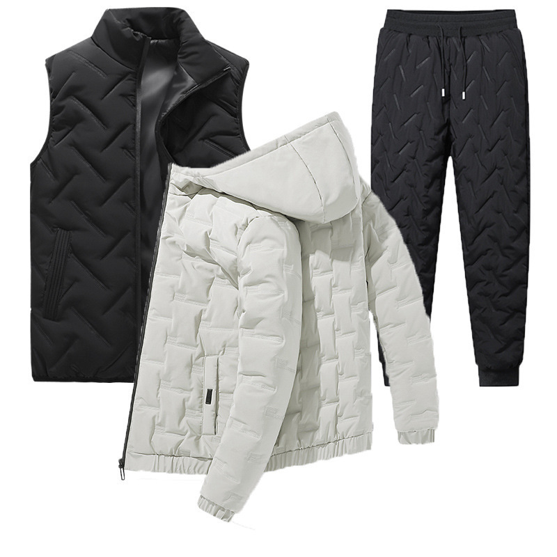 Comercio exterior transfronterizo hombre de algodón grueso abrigo de invierno nuevo conjunto de ropa de invierno de tres piezas chaqueta de algodón de plumón cálido conjunto
