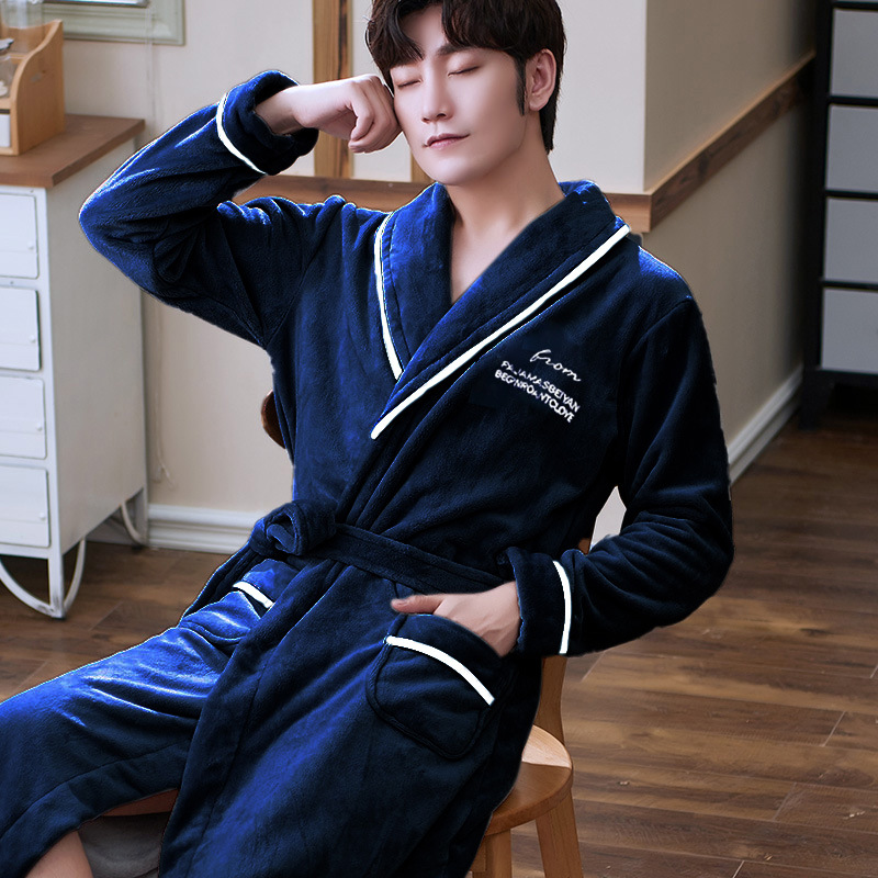 남자 잠옷 두꺼운 산호 양털 잠옷 가을과 겨울 봄과 가을 아침 가운 플란넬 세트 목욕 가운 남자 로브