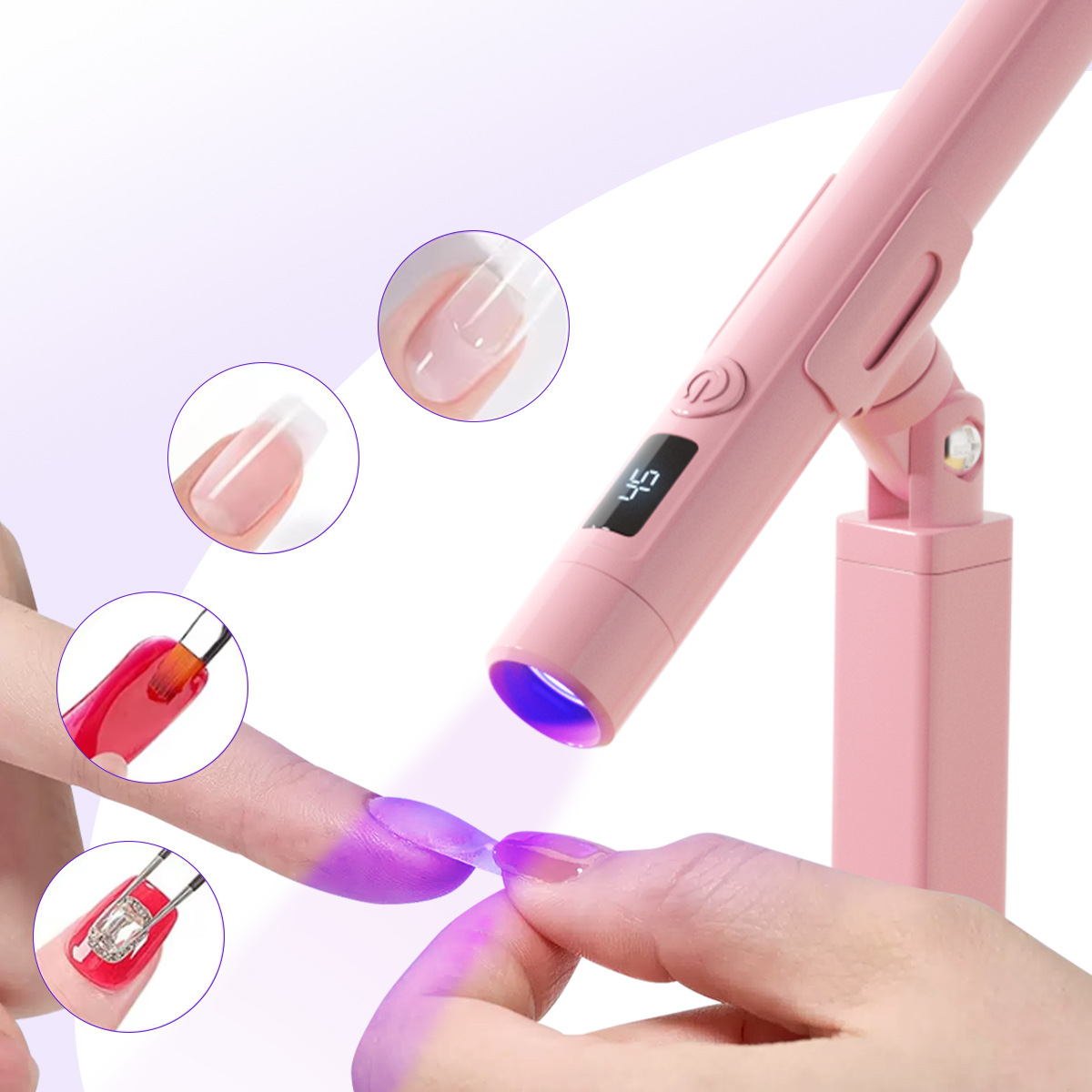 Lámpara de fototerapia portátil rosa de manicuras un soporte de lámpara rotativa de 360 grados soporte multifuncional conjunto de lámpara de horneo de uñas