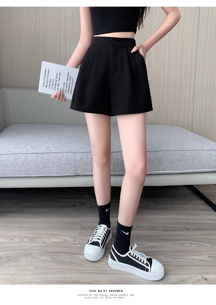 Quần short nữ cạp cao dáng chữ A ống rộng mùa hè — Màu đen (gửi thắt lưng xoắn khóa ngẫu nhiên) chi tiết 21