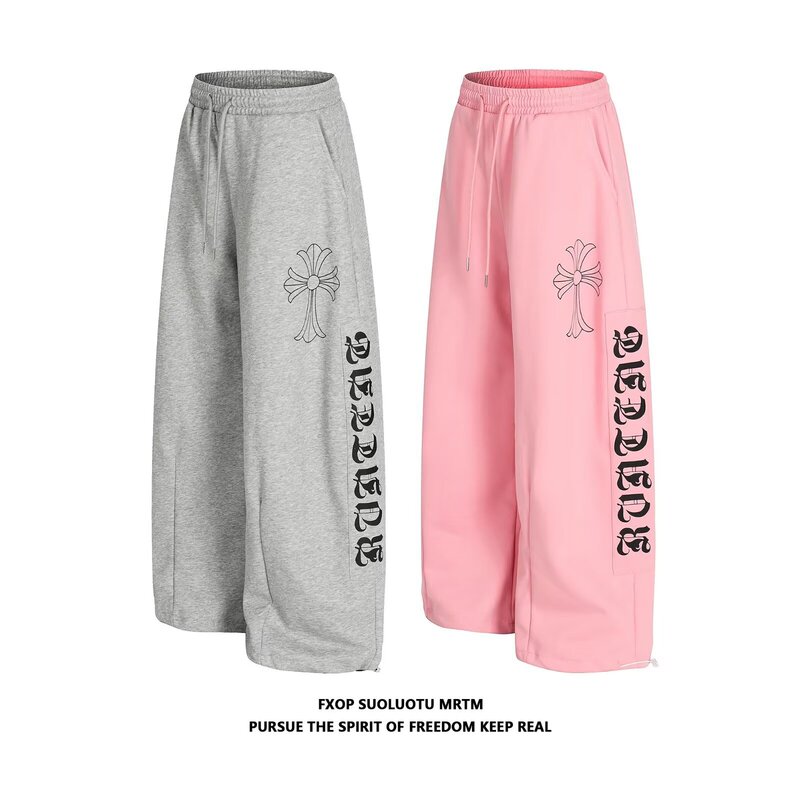 American Gothic Style Cross Print Sweatpants Men's New Autum Loose Lazy Wide Leg Straight Sports Casual Pants