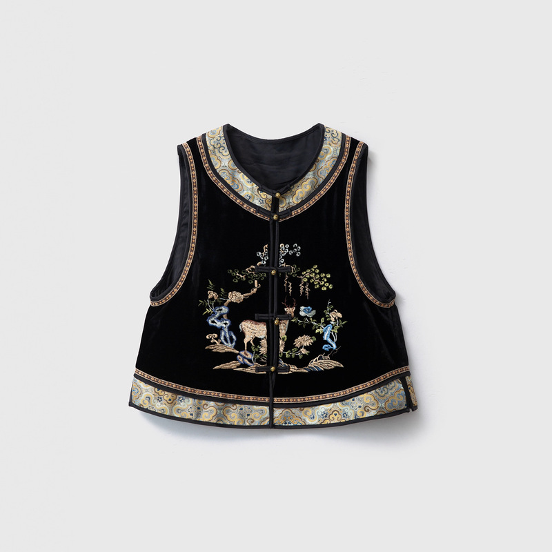 High-End Heavy-Duty Pine Deer Embroidery 100% Mulberry Silk Base Fabric Velvet Patchwork Vest for Women, Chinese Style Silk Vest