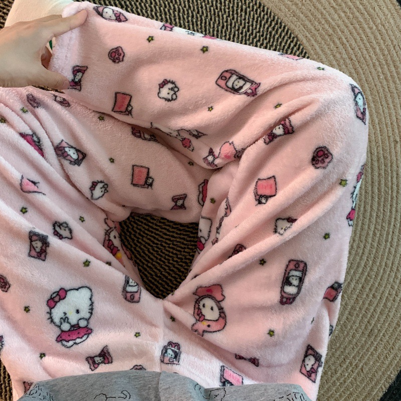 Pantalones de pijama de franela de dibujos animados de otoño y invierno para mujeres con pantalones de lana de coral caliente para estudiantes de lana de invierno para el hogar
