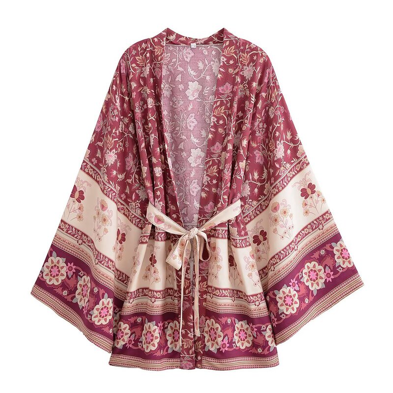 2025 New Summer Fashion Casual Loose Slimming Look Rayon Printed Resort Style Beach Belt Kimono Dress