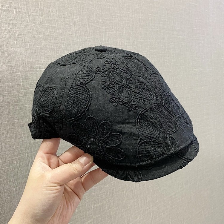 薄い刺繍入りフラワーフロントハット女性用春と夏の新しいレトロな多用途の小さなアヒルの舌ベレー帽通気性|undefined