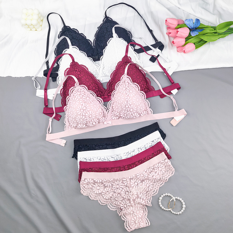 Europa y América encaje sexy copa triangular francesa cinturón hermosa ropa interior de espalda simple ligera sin anillo de acero conjunto de sujetador de pecho