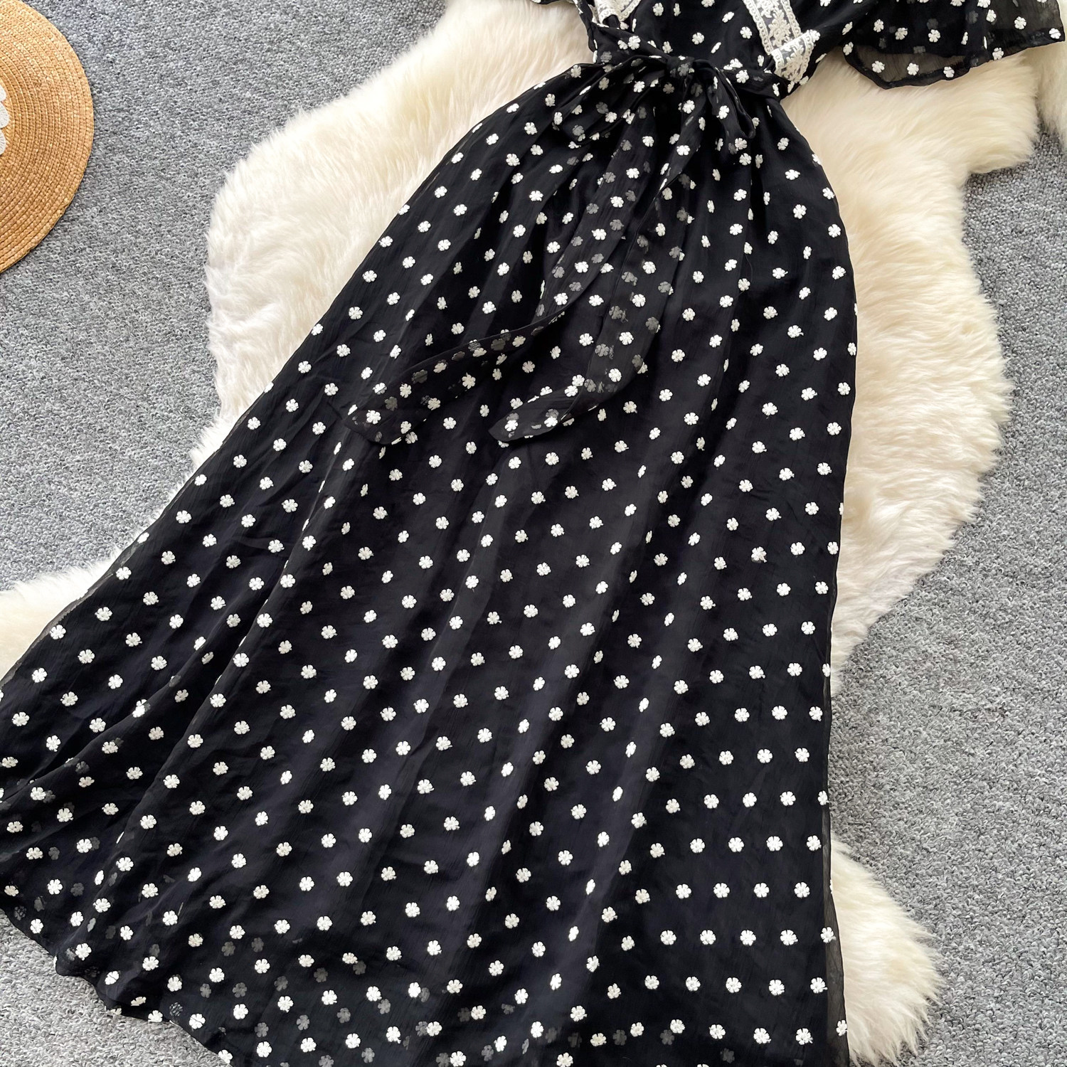 Black Polka Dot Mesh Dress For Women V Neck Short Sleeve High Waist Slimming A Line Long Skirt Ladylike Summer Style_ecoleips.com