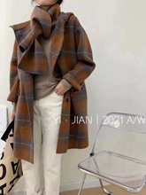 2021冬季新款韩版收腰羊毛直筒型格子西装领气质通勤大衣女外套