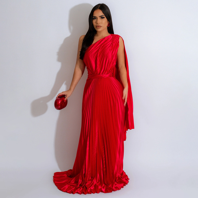 20020 Dropshipping Amazon European and American Cross-Border Fashion Women's One-Shoulder Dress Pleated Slope Neck Dress