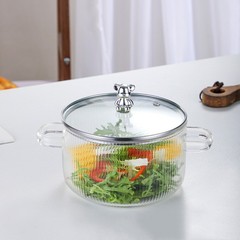 Cute Bear Home Kitchen Cookware Supplementary Food Stew Pot, High Borosilicate Double Ear Glass Pot, Vertical Pattern Milk Noodle Pot