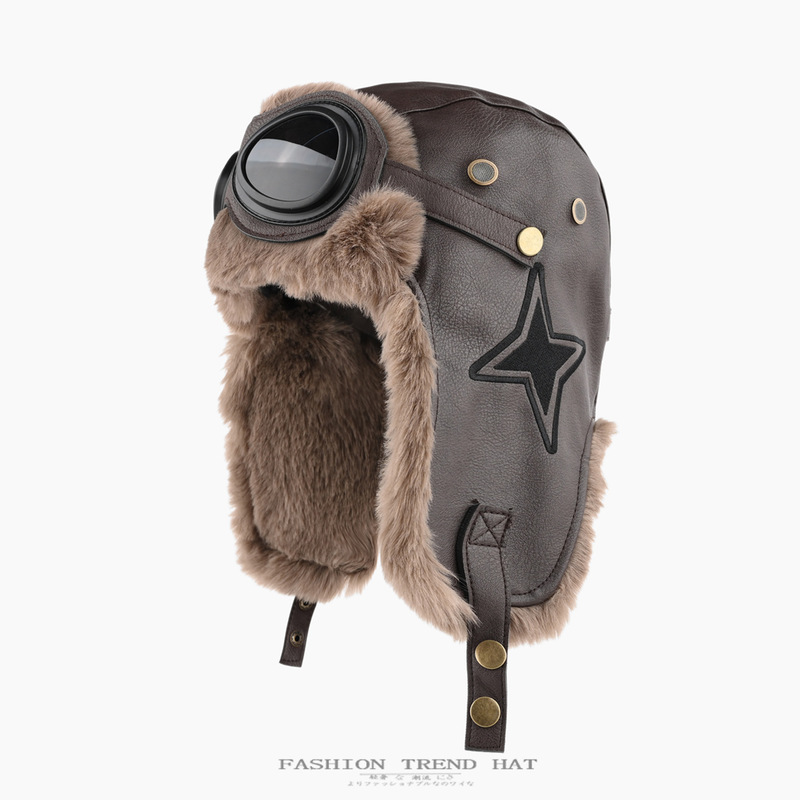 Leather pilot hat, unisex, winter, fleece-lined, thickened, with goggles, Northeast-style outdoor cycling ear-covering hat, trendy Leather pilot hat, unisex, winter, fleece-lined, thickened, with goggles, Northeast-style outdoor cycling ear-covering hat, trendy