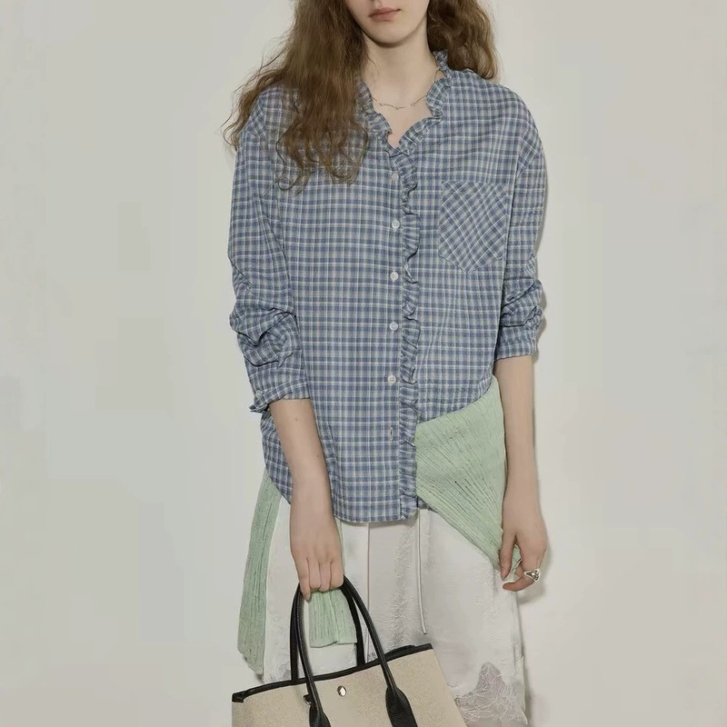 Contrast color plaid ruffled long-sleeve shirt for women, new autumn casual loose versatile top