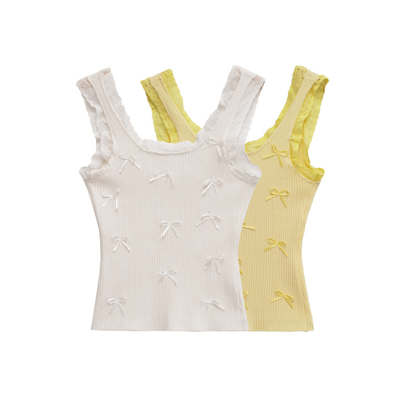Foreign Trade Women's Clothing 2025 Summer European and American Style Bow-Decorated Lace Trim Knitted Camisole Top for Women G826174F Foreign Trade Women's Clothing 2025 Summer European and American Style Bow-Decorated Lace Trim Knitted Camisole Top for Women G826174F