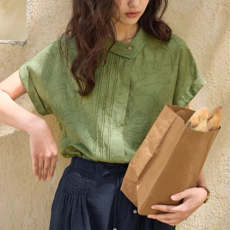 [New Product] Soligther French Linen Jacquard Asymmetric Lapel Short-Sleeved Shirt for Women