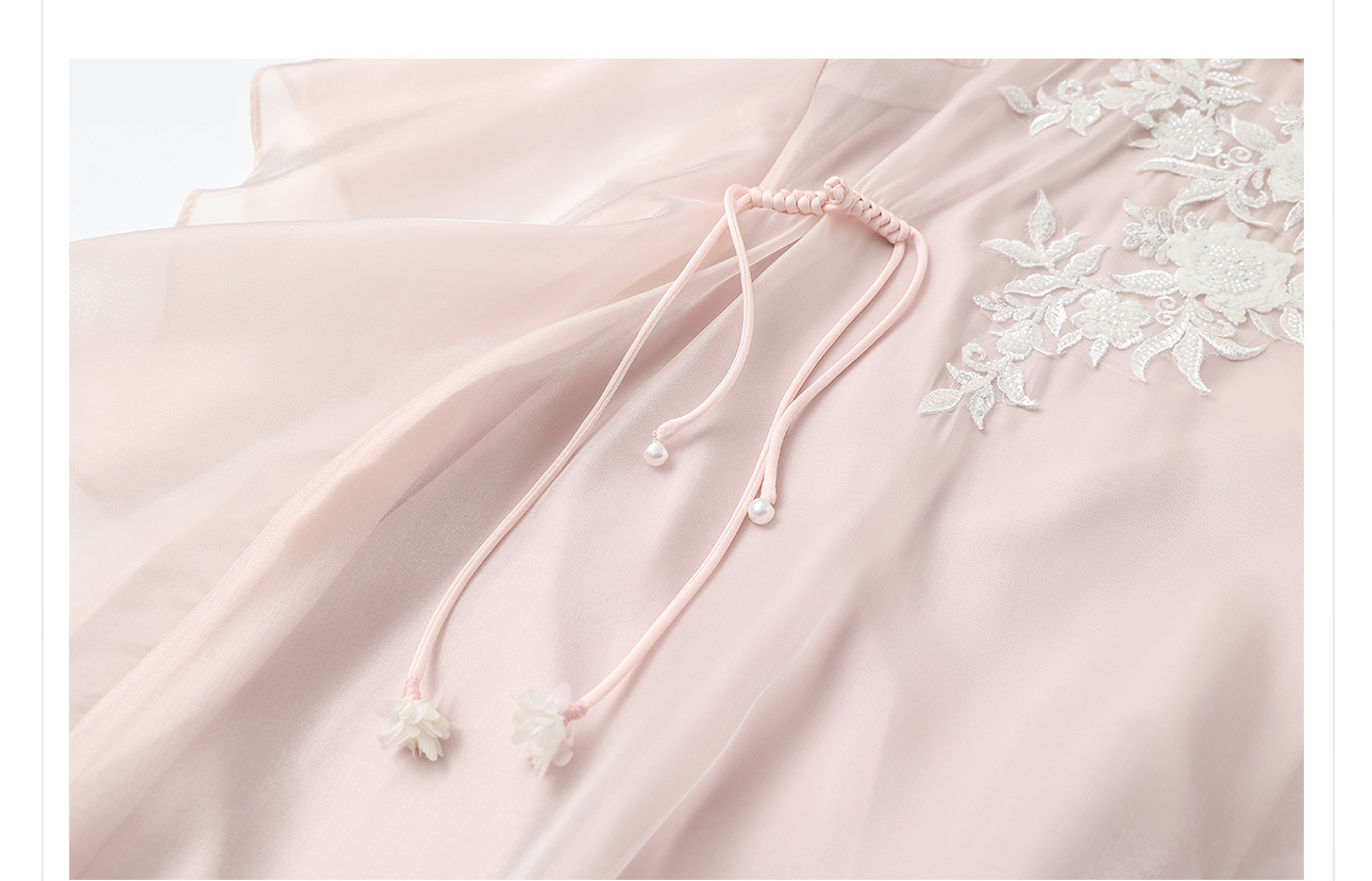 Đầm maxi thêu hoa phong cách Trung Hoa cổ điển, chất vải mỏng nhẹ mùa hè, tay lỡ, thắt eo — hồng chi tiết 19