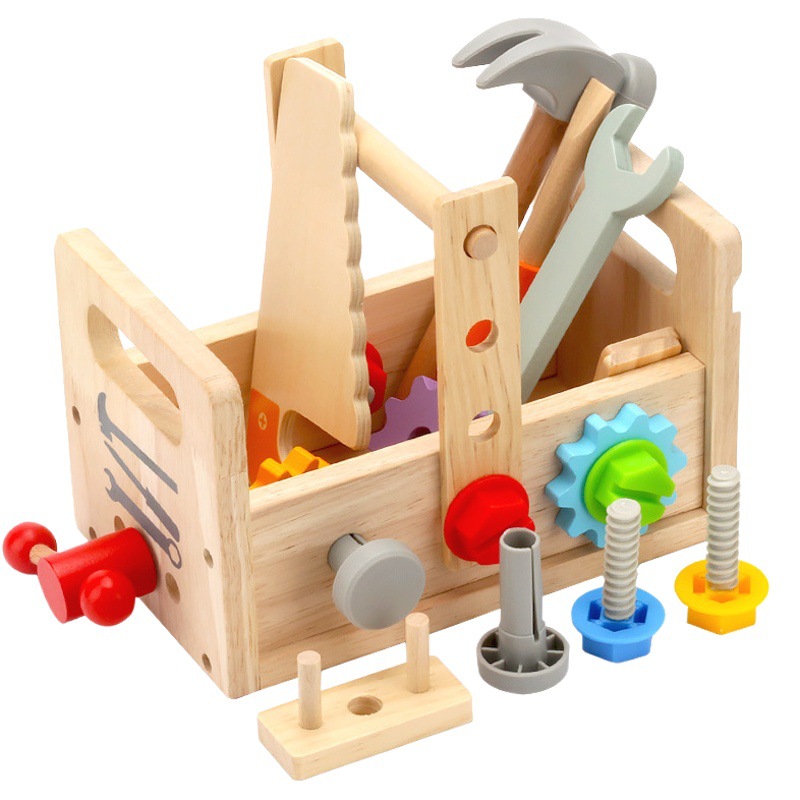 CPC caja de herramientas de simulación de madera para niños tornillo tuerca mesa de herramientas jardín de infantes bebé educación temprana juguetes educativos