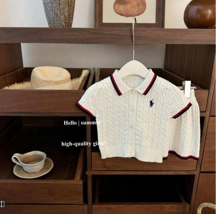 Girls Summer Preppy Style Twist Short-Sleeved Knitwear Skirt Suit 2025 Baby Girl Fashionable Cardigan Two-Piece Set