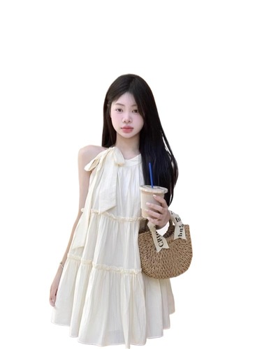 Original Version: Short-sleeveless strapless V-neck dress for children, summer beach vacation fairy sand