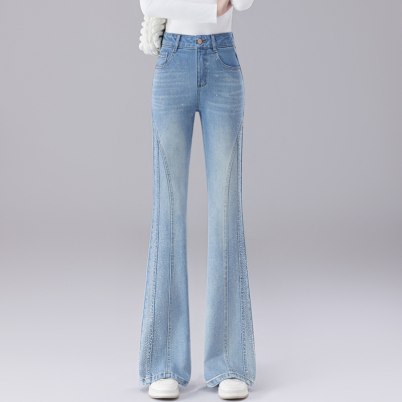 Light-Colored Rhinestone-Embellished Denim Flared Pants for Women, Spring and Autumn 2026 New Style, Super Stylish with Starry Rhinestones