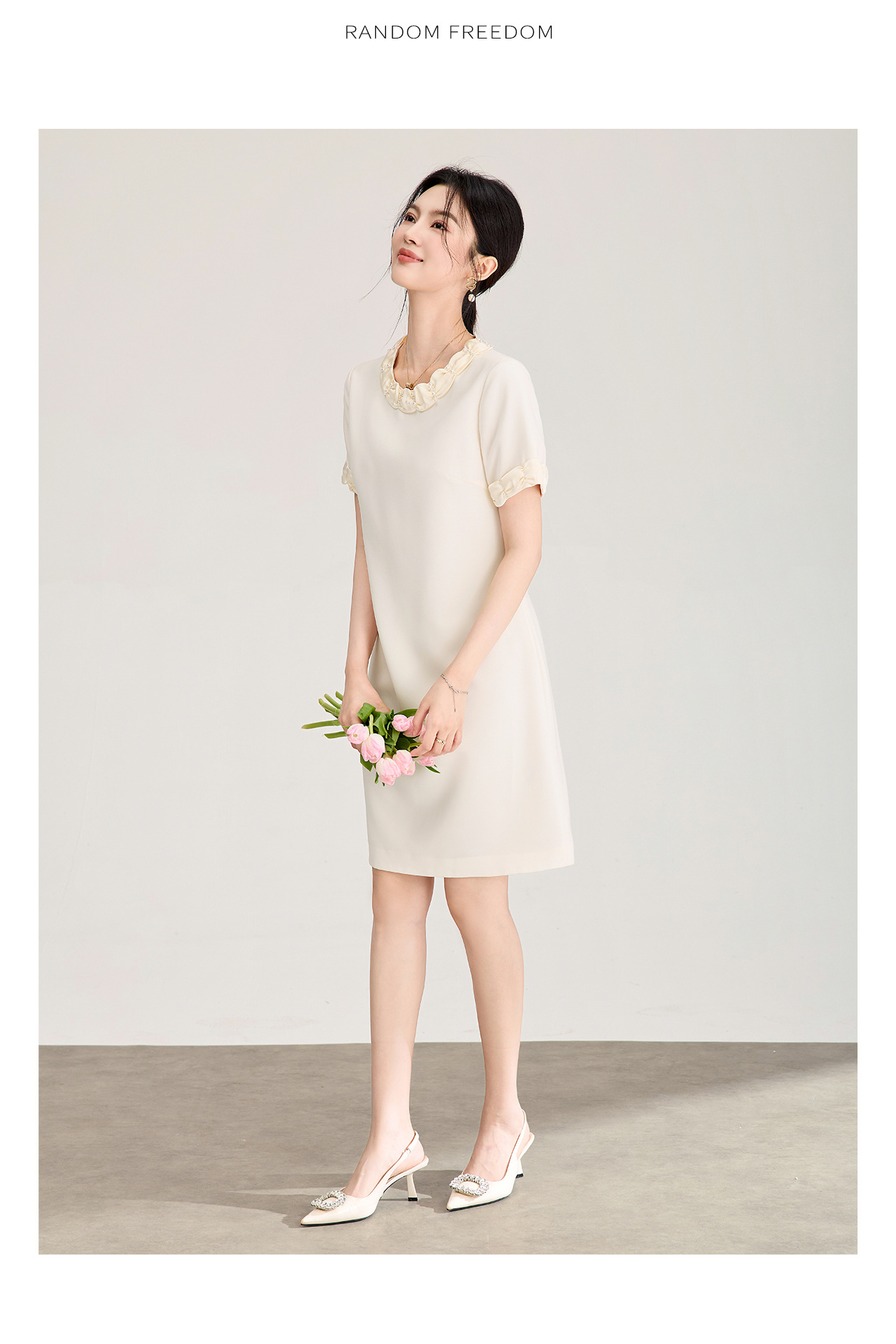 Đầm suông midi cổ điển Pháp đính cườm, phối màu tương phản — màu đen chi tiết 15