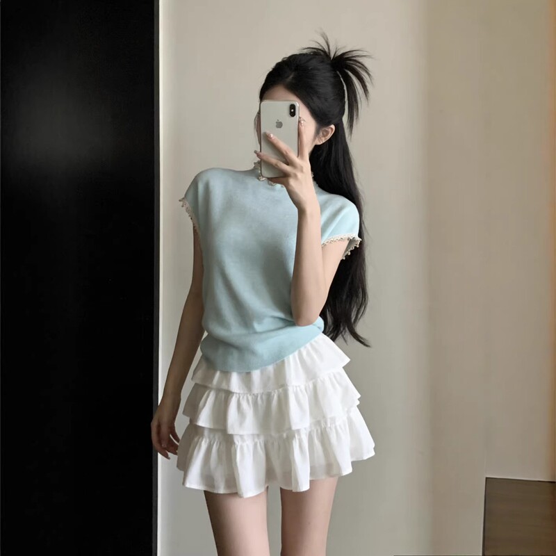 Ys Dopamine Unique and Beautiful Summer Top, Age-Reducing, Fashionable and Stylish Mint Green Lace Trim Knit T-Shirt for Women Ys Dopamine Unique and Beautiful Summer Top, Age-Reducing, Fashionable and Stylish Mint Green Lace Trim Knit T-Shirt for Women