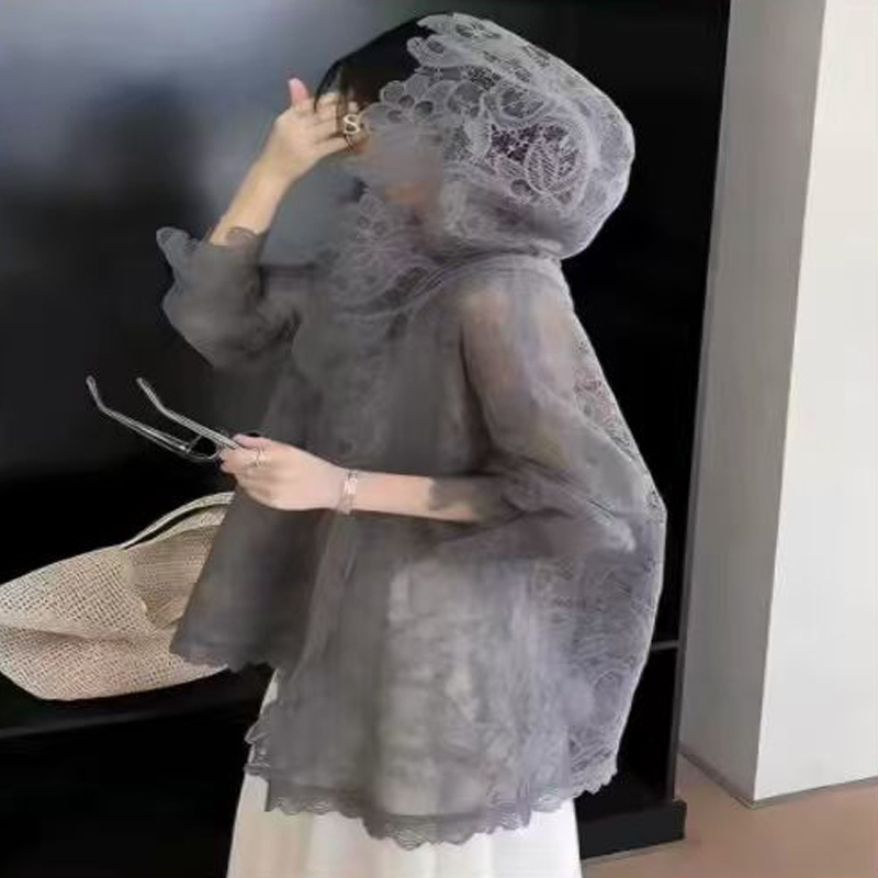 French-Style Romantic Gray Lace Crochet Sun-Protective Shirt for Women, New Stylish Semi-Transparent Design, Slimming Hooded Top for Summer