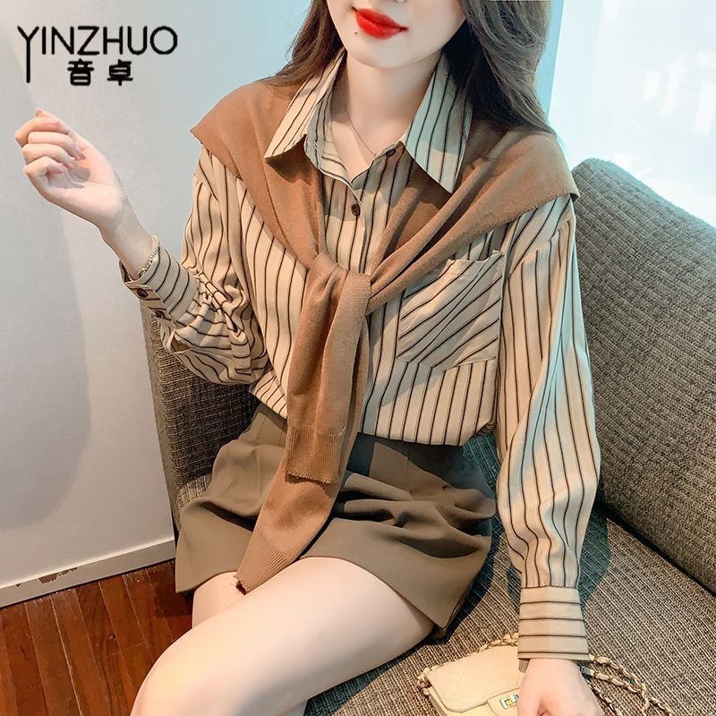 音卓2023春秋季别致披肩休闲衬衣长袖复古条纹衬衫女上衣直筒宽松|undefined