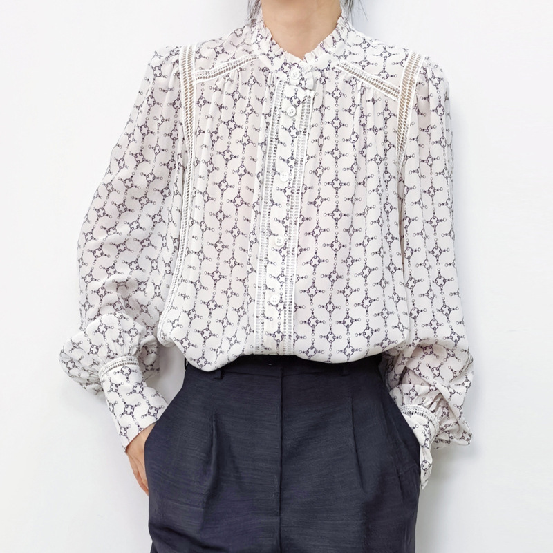 New Retro Anti-aging Hollow-out Lace Ear-rimmed Collar Silk Printed Shirt Women's Mulberry Silk Long-sleeved Shirt