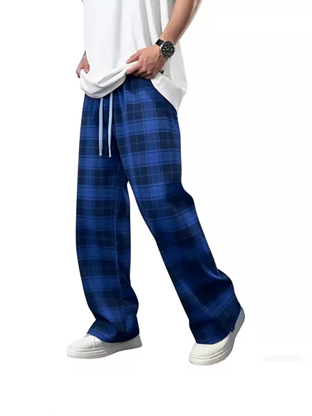 Men's Plaid Casual Pants Wholesale from Manufacturer, Spring and Autumn Loose Straight-Leg Drawstring Home Pants, Dual-Use for Sleepwear and Outdoor Wear