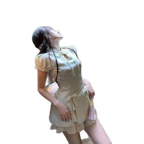 Modern Chinese Retro Petite Size National Style Design Improved Cheongsam Dress with Buttoned Bubble Sleeve Skirt Set