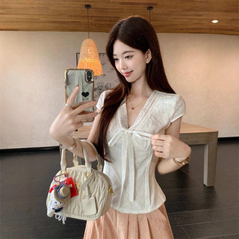 跨境贸易批发温柔蕾丝花边短袖衬衫女夏季甜美蝴蝶结系带收腰小衫|undefined