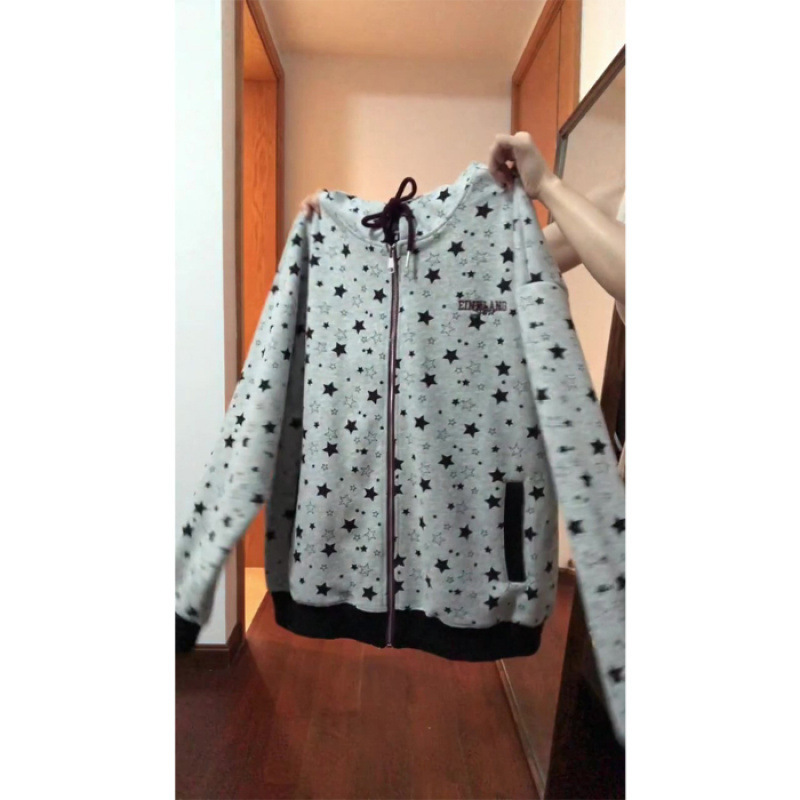 美式高级感星星满印灰色连帽卫衣女秋冬小众休闲宽松拉链开衫外套|undefined