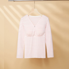 新型のモーダルストライプの妊婦の大きいサイズの授乳服の家庭服はブラジャーを着て長袖の月子服を授乳しないで卸売りします。