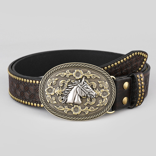 Cross-border Western Denim Belt Carved Trendy Retro Youth Retro Men's Punk PU Niche Leather Belt
