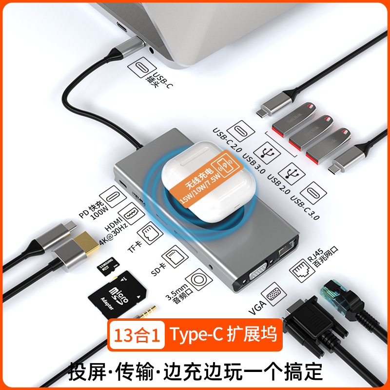 跨境爆款13合1type-c扩展坞4K无线充usb hub多功能拓展坞集线器