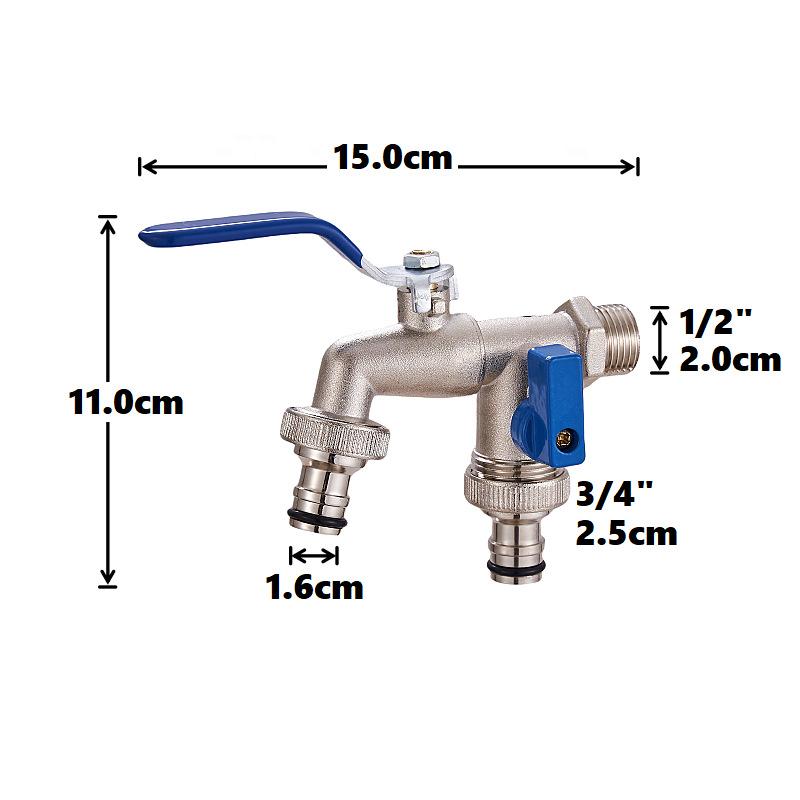 Cross-border exclusive gardening double water outlet zinc alloy faucet, one in and two out double pacifier, belt faucet [Blue] full figure