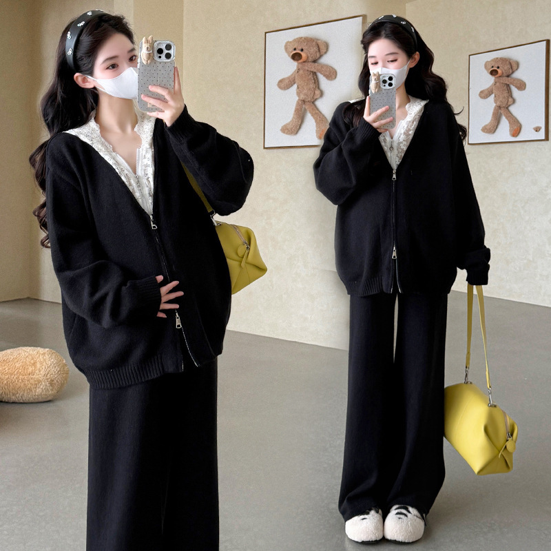 2025秋冬新品孕妇套装拼接蕾丝拉链连帽阔腿裤韩版孕妇针织套装|undefined