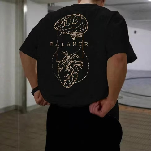 Balance Brain-Heart Art Print Pure Cotton T-Shirt Wholesale in Stock Niche Design American Style Trendy Brand Pure Cotton Top