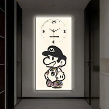卡通马里奥玄关装饰画钟表挂钟客厅超级玛丽挂画发光创意时钟壁灯