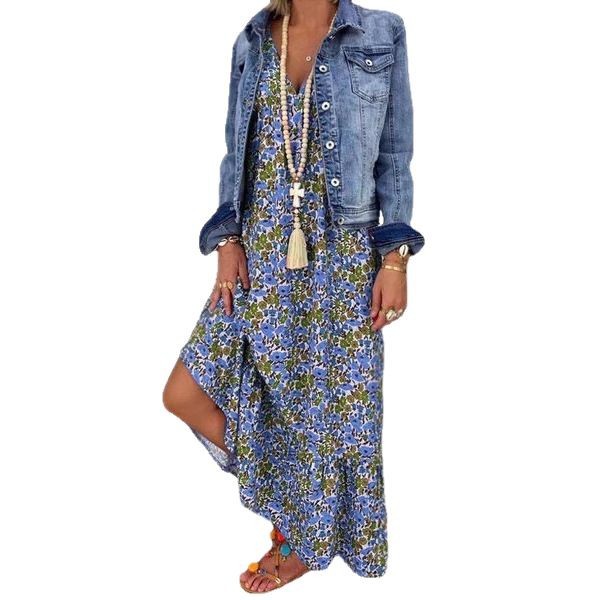 Meilleures ventes de vêtements féminins printemps/été en Europe et aux États-Unis : robe longue à bretelles et col en V, imprimé bohème, idéale pour la plage_voghion.com