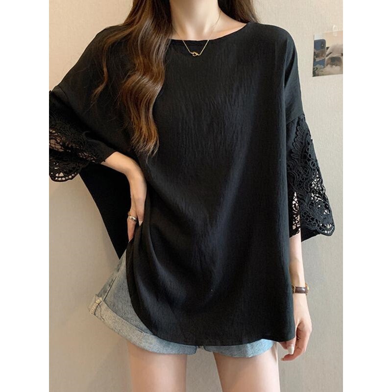 Elegant plus-size chic lace patchwork short-sleeve shirt 150kg loose mid-length summer top for women Elegant plus-size chic lace patchwork short-sleeve shirt 150kg loose mid-length summer top for women
