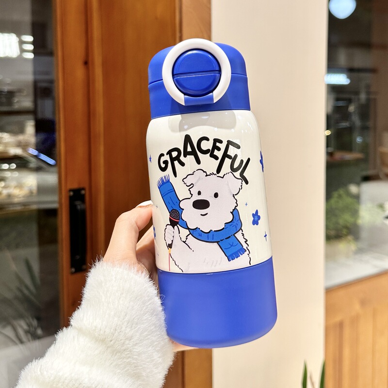 小さなミルク犬漫画子供用ダブルドリンクバウンシングストローウォーターカップハンドル付きポータブルカップステンレス鋼魔法瓶カップ|undefined