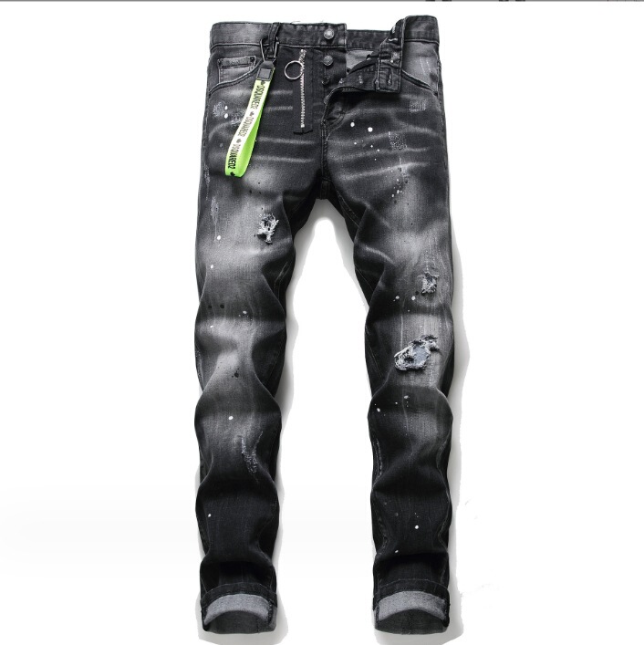 DSQ2 European and American Tattered Painted Men's Jeans Slim Fit Ripped Patch Stretch D2 Jeans Tight Beggar Pants DSQ2 European and American Tattered Painted Men's Jeans Slim Fit Ripped Patch Stretch D2 Jeans Tight Beggar Pants