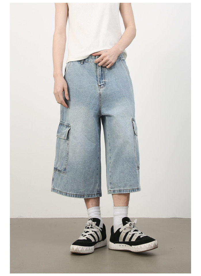 Quần short jean nam ống rộng nhiều túi phong cách hip-hop đường phố, quần lửng mùa hè — Màu xanh lam, Xanh lam làm cũ, Xanh lam nhạt chi tiết 19