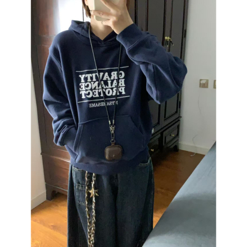 灰色短款连帽刺绣字母卫衣女2025新款春秋季薄款美式慵懒chic外套|undefined