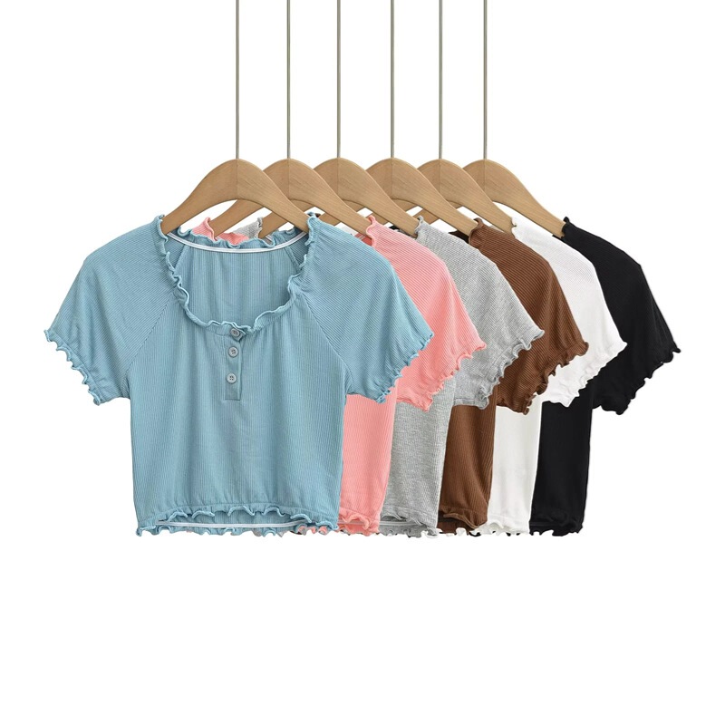 European and American Style Spicy Girl Ruffled Button Solid Color Short-Sleeve T-Shirt Spring and Summer New Pure Desire Sexy Lace Crop Top