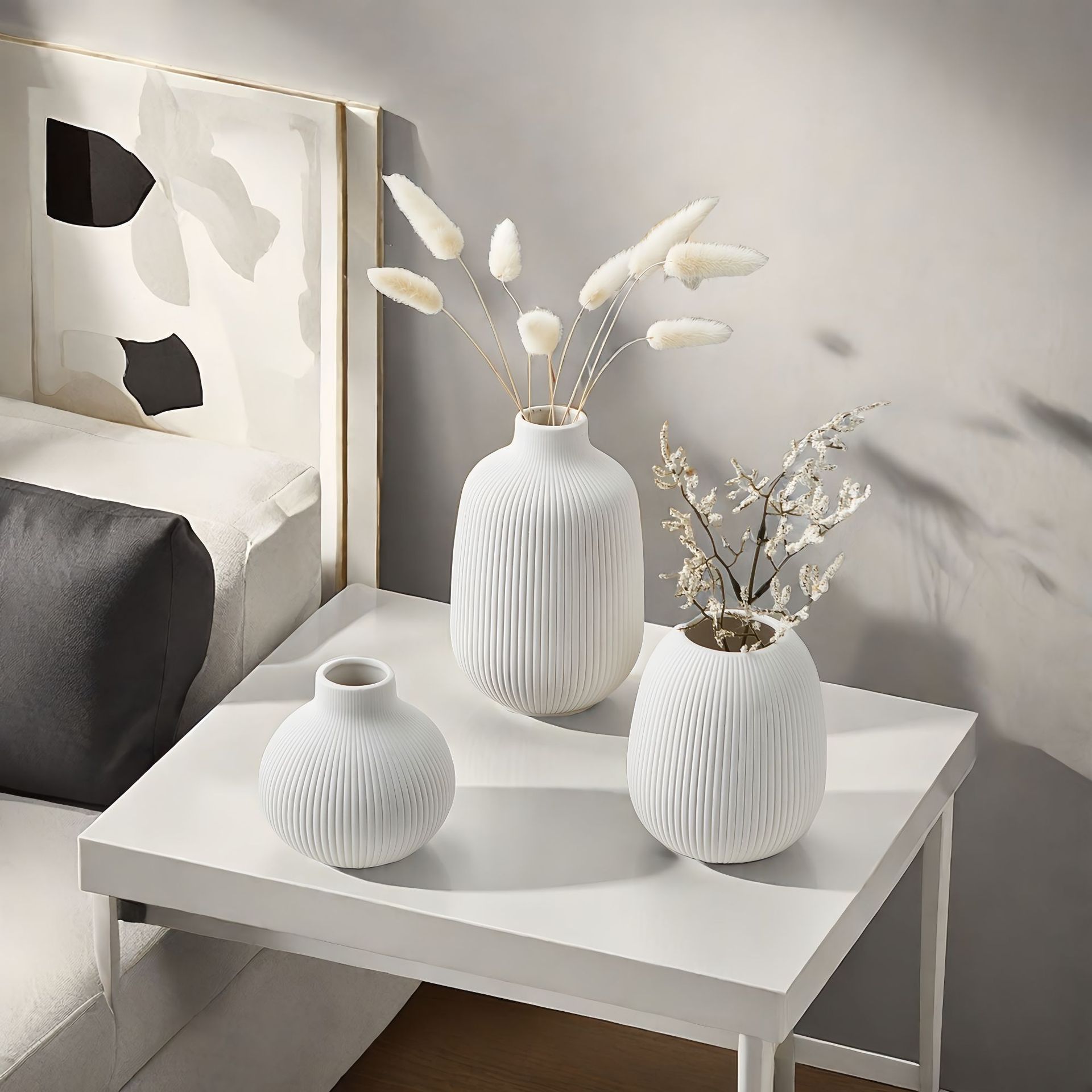 Cerámica nórdica blanca cepillado jarrón de tres piezas conjunto de decoración para el hogar sala de estar escritorio floral jarrón de arte transfronterizo