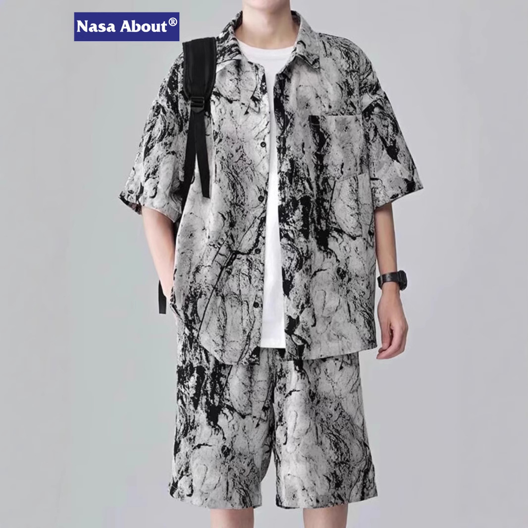 NASA 해변 꽃 셔츠 남자 세트 싼야 하와이 해변 휴가 해변 커플 아이스 실크 남자의 짧은 소매